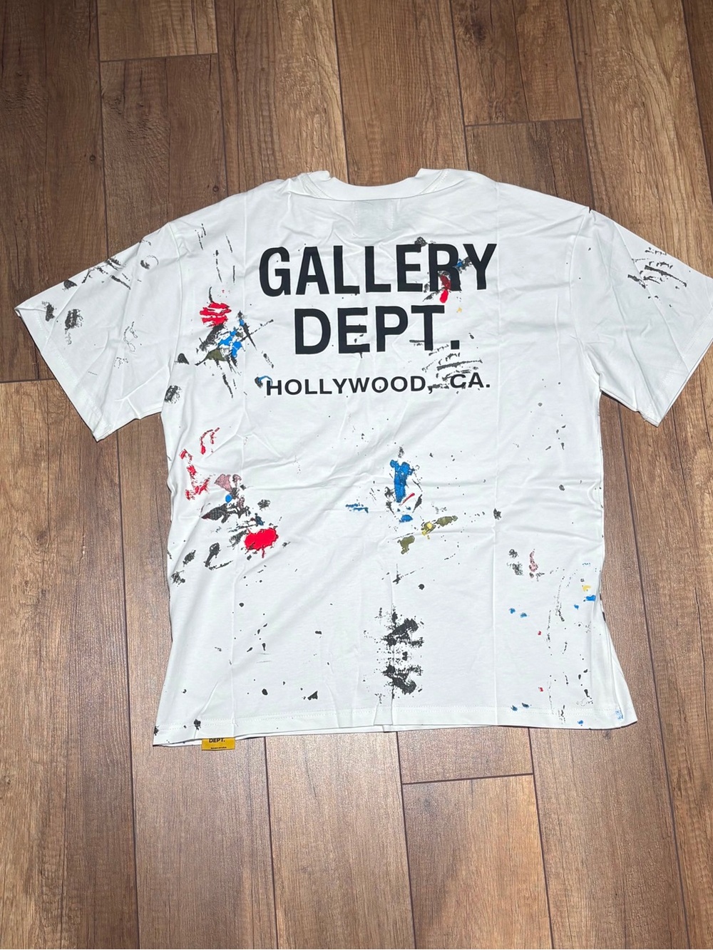 Gallery Dept White Tee Shirt with Black Logo and Multicolored Paint Splatter